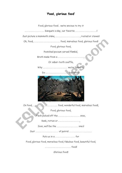 Eat right through the menu. Food, glorious food - song - ESL worksheet by stewie11