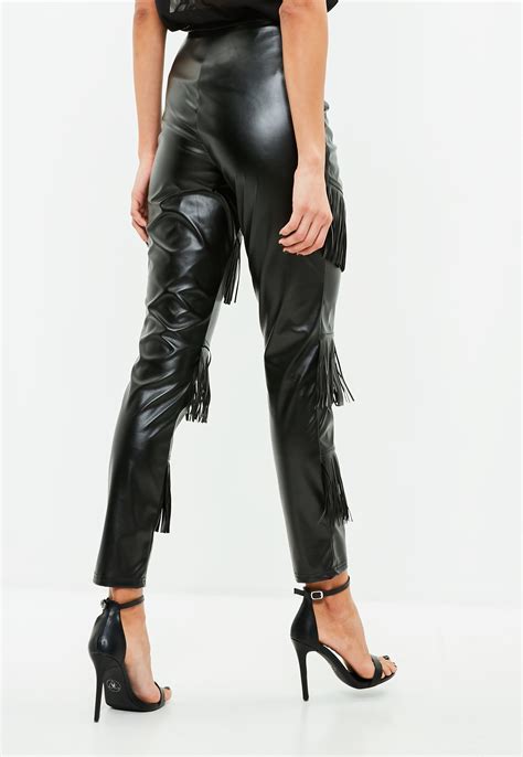 missguided black fringe detail faux leather trousers lyst