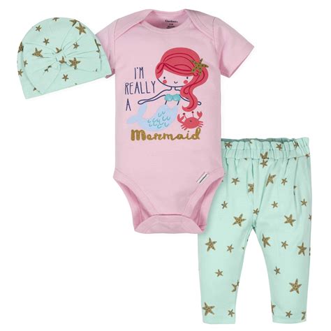 3 Piece Baby Girls Mermaid Bodysuit Pants And Cap Set Gerber Childrenswear