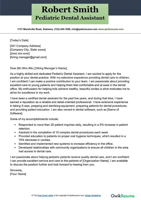 Pediatric Dental Assistant Cover Letter Examples Qwikresume