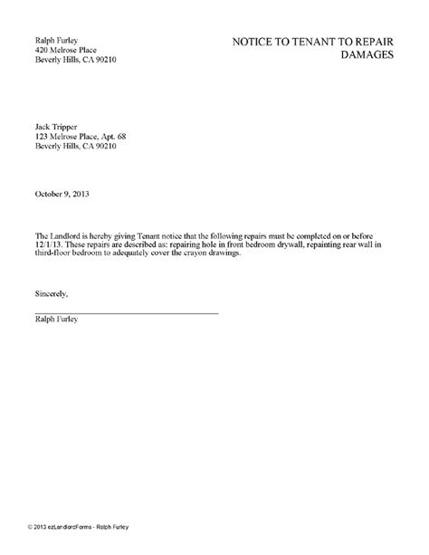 Property Damage Letter To Tenant For Damages