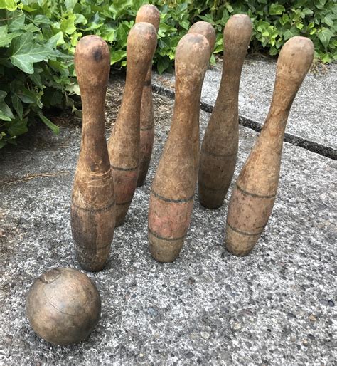 Vintage Wooden Bowling Game Game Of Ten Pins Turned Wood Pins And