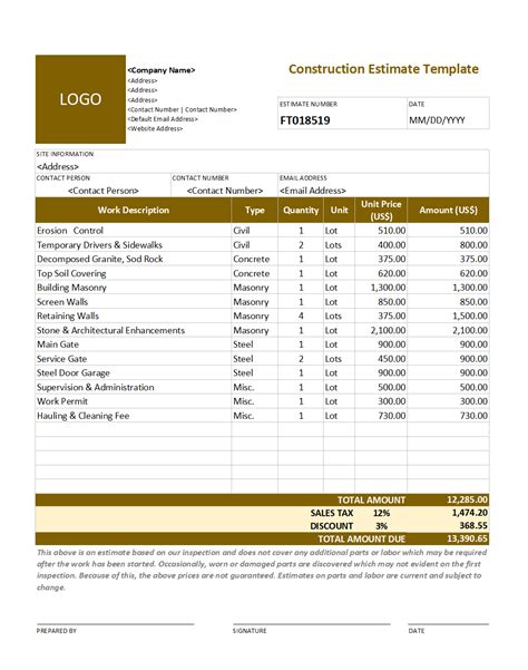 Free Construction Estimate Template Excel