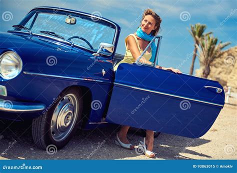 Beautiful Woman Sitting In Retro Cabriolet Car Stock Image Image Of Holiday Beach 93863015
