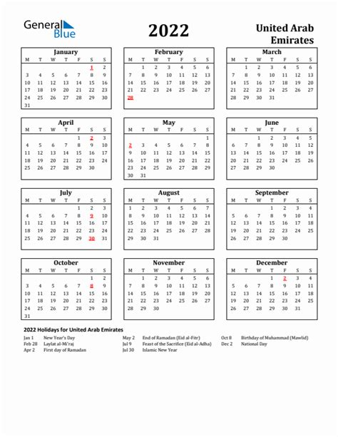 Free Printable 2022 United Arab Emirates Holiday Calendar