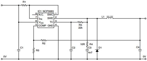 Typical Schematic Of Buck Converter With Rc Snubber And Pulse Feedback For Ncv3063 1 5a Step