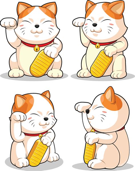 Asian Mascot Japanese Lucky Cat Cartoon Drawing Vector Illustration Set