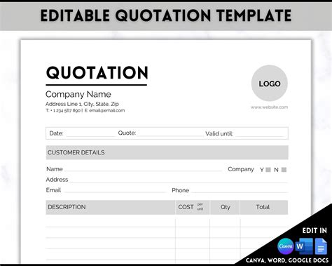 Quotation Template Editable Quote Form Small Business Etsy Uk
