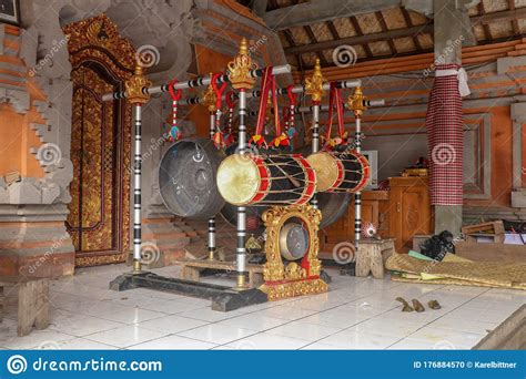 Musical Instruments In A Hindu Temple On Bali Island Indonesia Drums