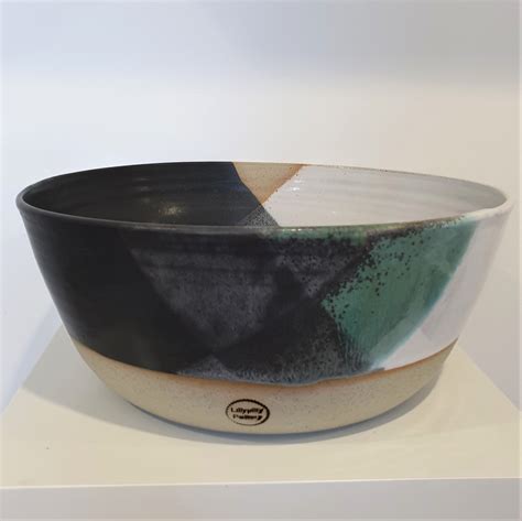 Handmade Ceramic Deep Serving Bowl Large Black White And Green