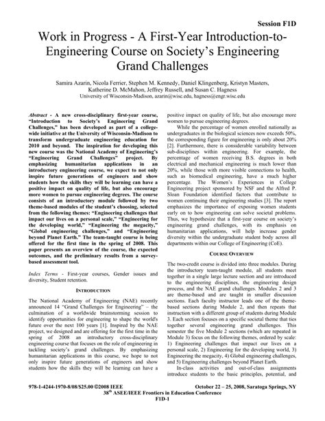 Pdf Work In Progress A First Year Introduction To Engineering