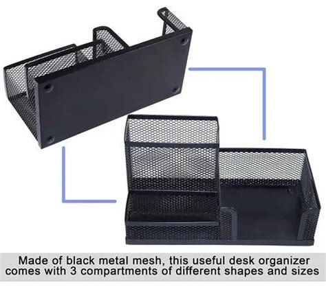 Black Rectangular 3 Compartment Stationary Storage Stand Metal Mesh