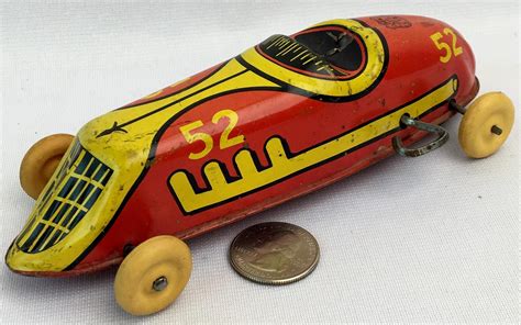 Lot Vintage 1950s J Chein And Co Wind Up Tin Litho No 52 Race Car Works