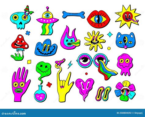 Psychedelic Symbols Hippy Stickers Collection Funny Emoticons Faces