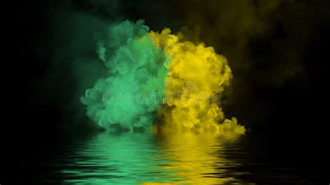 Explosion Color Green And Yellow Smoke With Water Reflection Isolated