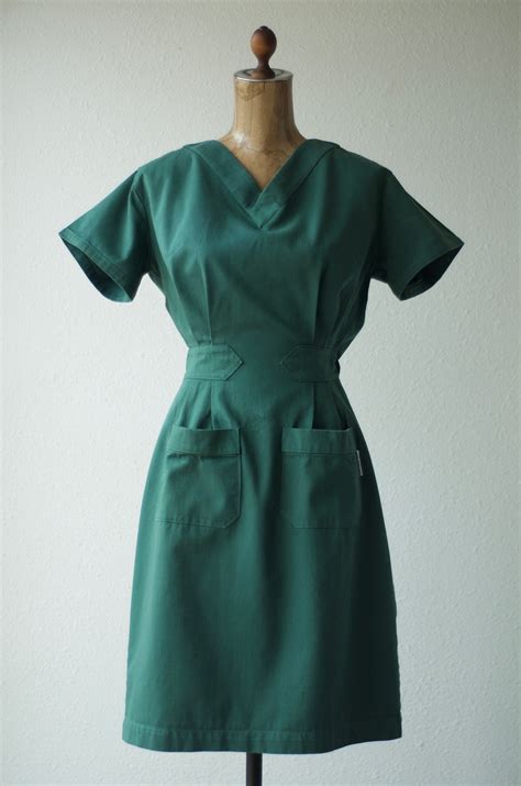80s Does 50s Vintage Green Nurse Uniform Dress By Sun Scrubs Midi
