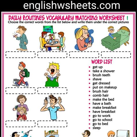 Daily Routines Esl Printable Vocabulary Matching Exercise Worksheets