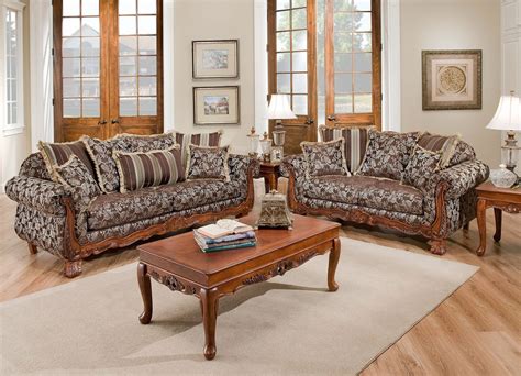 Textured Fabric Traditional Living Room Wcarved Wood Accents
