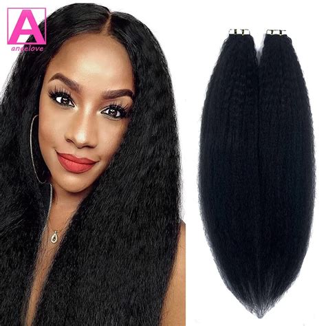 Kinky Straight Tape Ins Hair Extensions 1b Natural Black Color 100 Remy Human Hair Extensions