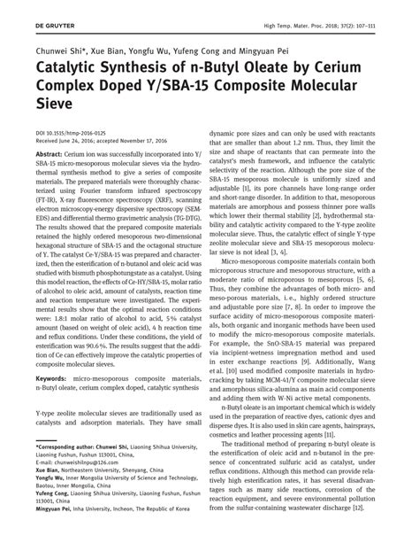Pdf Catalytic Synthesis Of N Butyl Oleate By Cerium Complex Doped Y