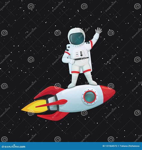 Astronaut Standing On The Flying Rocket Ship Waving One Hand And The