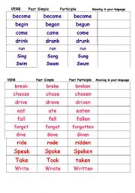 Been the first person singular present tense form: English teaching worksheets: Irregular verbs