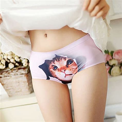 Womens Underwear Briefs Ice Silk Panty Cat Panties Seamless Waist