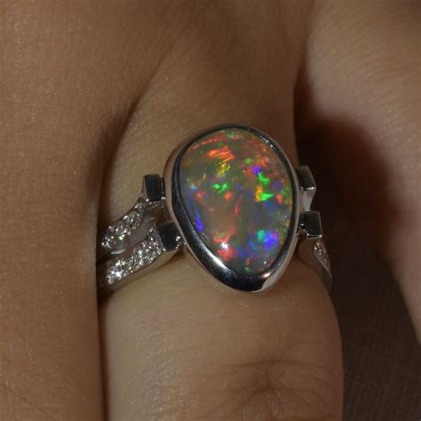 Australian Natural Crystal Black Opal Gold Diamond Ring J004