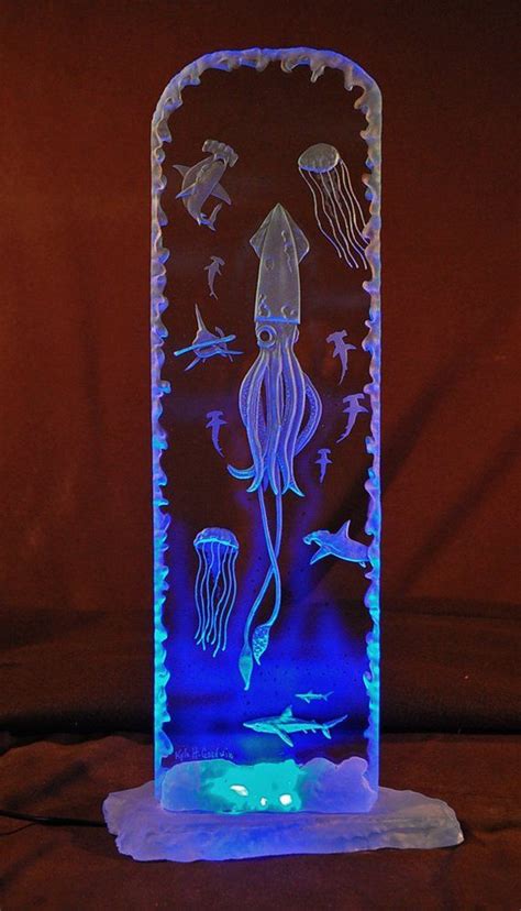 Trouble Sea Carved And Led Lit Glass Sculpture Etsy Sandblasted Glass Art Engraving Glass