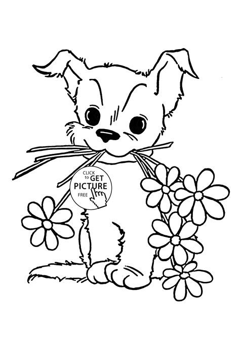Please see our full disclosure if you'd like more information. Cute Puppy with Flower coloring page for kids, animal ...