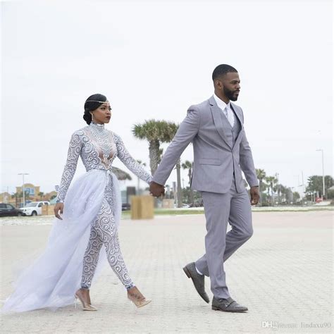 plus size 2019 jumpsuits wedding dresses with detachable train high neck long sleeves afric