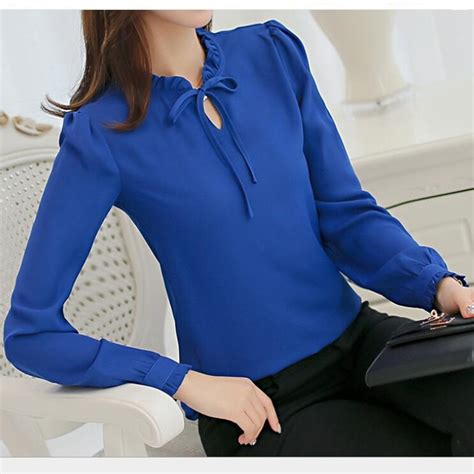 Bow Collar Women Chiffon Blouse Long Sleeve Shirt Women Summer Soft Eleganttops Office Lady
