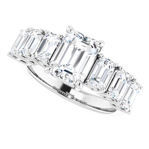 7 Stone Emerald Cut Cubic Zirconia Ring Large Round Prong Side Stones