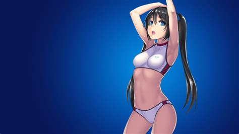 Wallpaper Anime Girls Ecchi Blue Background Twintails Original Characters Sports Bra