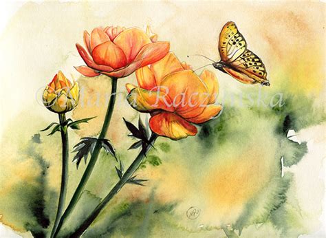 Watercolor Flowers And A Butterfly Original Painting 10x14