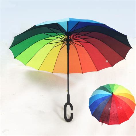 Rainbow Umbrella Rain Women And Men Long C G Handle Folding Umbrellas Golf Windproof Parasol