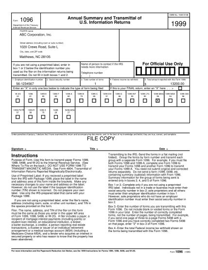 Free 1096 Fillable Form Printable Forms Free Online