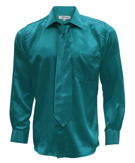 Teal Satin Mens Regular Fit Shirt Tie And Hanky Set French Cuff Dress