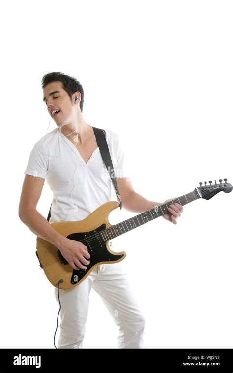 Musician Young Man Playing Electric Guitar Isolated On White Stock
