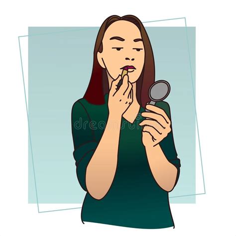 A Girl Holds A Small Mirror In Her Hand Looks Into It Paints Her Lips With Lipstick Stock