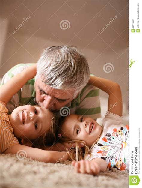 Grandpa And Granddaughters Playing Stock Image Image Of Active