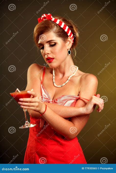 Girl In Pin Up Style Drink Martini Cocktail Stock Image Image Of