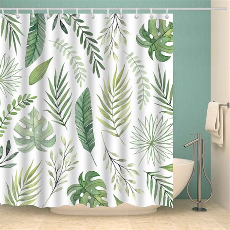 Fern Leaves Shower Curtain Set 4 Pcs Summer Tropical Seamless Green
