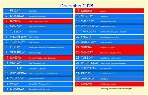 December 2028 Roman Catholic Saints Calendar