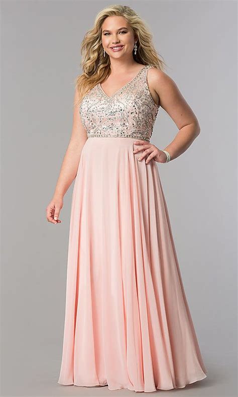 Beaded Bodice Plus Size Long Prom Dress With V Neck Plus Size Formal