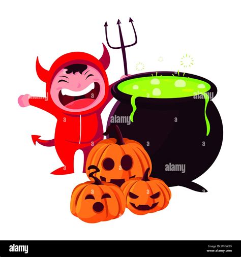 Boy In Devil Costume Halloween With Pumpkin And Cauldron Vector