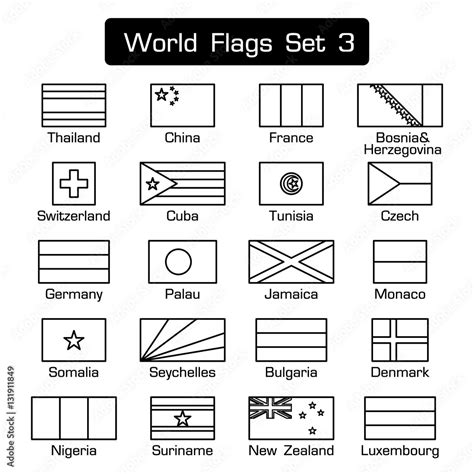 World Flags Set 3 Simple Style And Flat Design Thick Outline