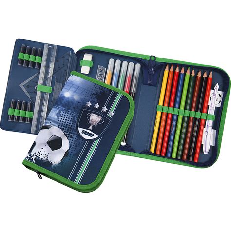Das buch, die schultasche, der bleistift, der kugelschreiber, der radiergummi, die schere, der spitzer, das federmäppchen, das lineal, der kleber, das heft. Federmäppchen Fußball, 30-teilig, SCOOLI | myToys