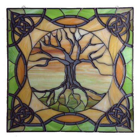 Stained Glass Panel 26x26 Tree Of Life With Celtic