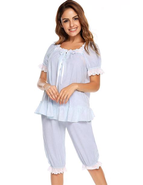 Womens Cotton Pajama Set Victorian Vintage Pj Sleepwear With Short Pants Light Blue